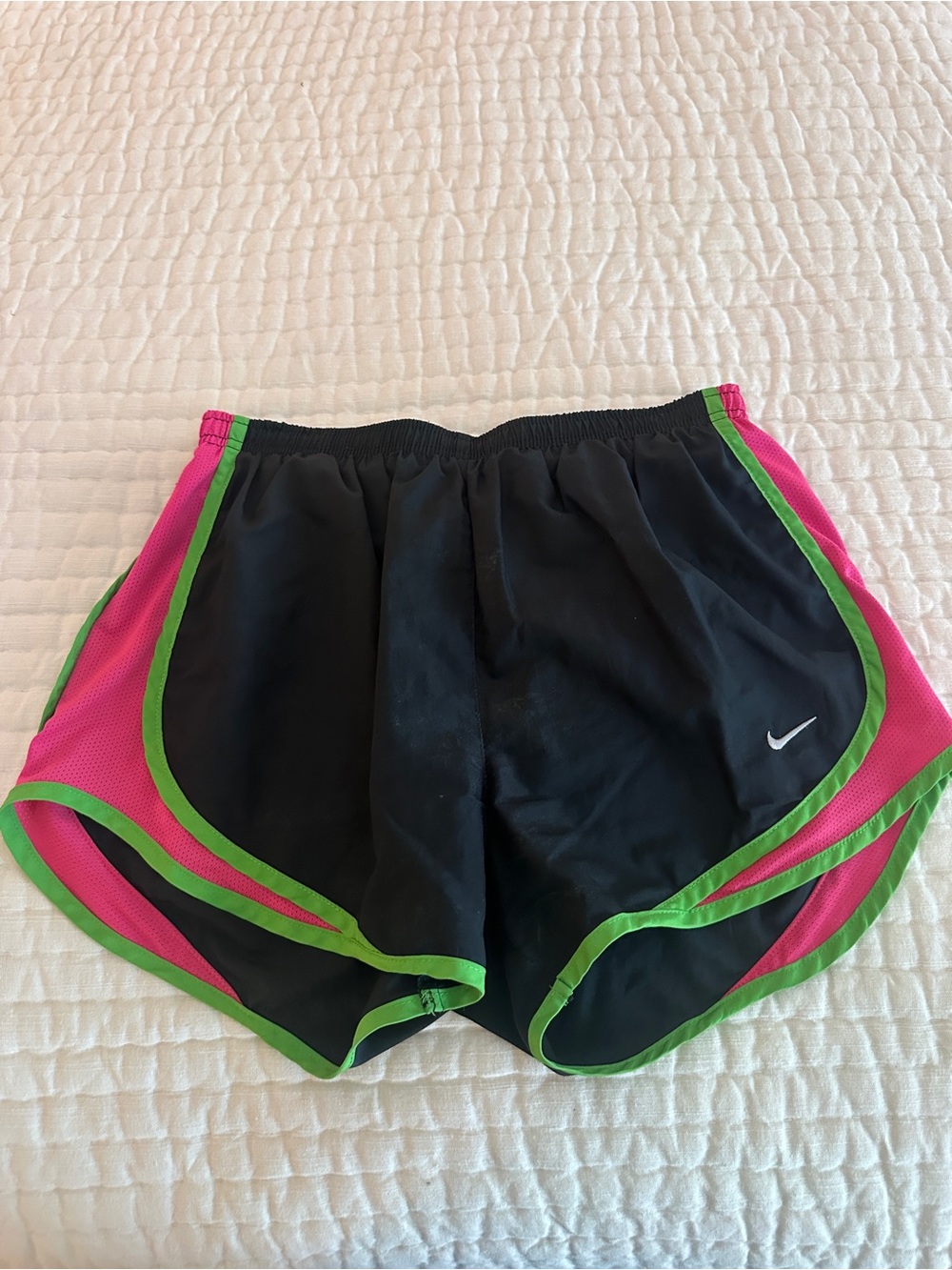 Nike Black Running Shorts with Pink Panels and Green Trim